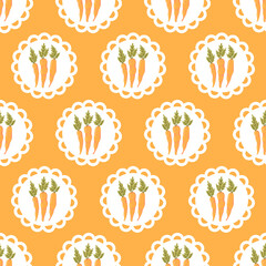 Cartoon carrot on a lace napkin vector seamless pattern. Vegetable, healthy vegan food background. Easter theme texture.