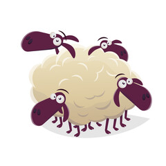 funny cartoon illustration of a herd of sheep