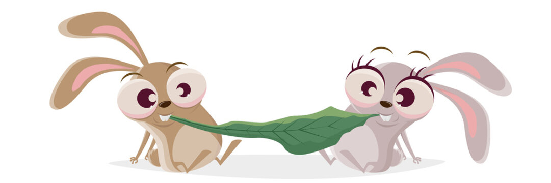 funny cartoon rabbit couple eating a leaf