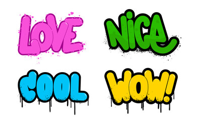 Cartoon graffiti, simple words - Love, Nice, Wow, Cool with spray effect. 3D lettering in street style. Stickers set in graffiti style. Collection phrases with spray effect. Vector isolated stickers
