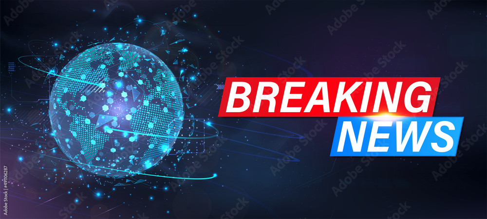 Poster dynamic breaking news background with 3d globe hologram. concept stream, tv channel, broadcast. brea