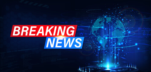 Modern Futuristic template breaking news with hologram 3D Earth Globe. Screensaver background for breaking news. Live stream, online translation, 24h information, online broadcast. Vector Screensaver