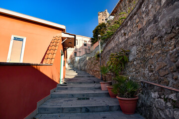 A narrow street among the old stone houses of Sarno, town in Naples province, Italy.