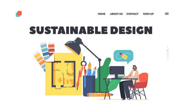Sustainable Design Landing Page Template. Digital Art, Drawing Artwork. Creative Graphic Designer Character Working