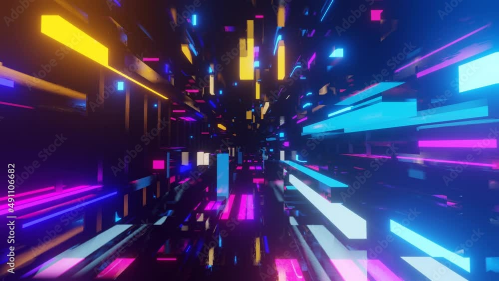 Poster abstract frames and boxes. fly through technology cyberspace with neon glow. sci-fi flight through h