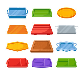 Fototapeta na wymiar Set Empty Plastic, Metal and Wooden Trays, Takeout Items. Serving Trays for Home Kitchen, Caterer Food, Office Parties