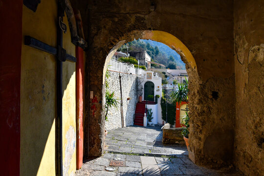A narrow street among the old stone houses of Sarno, town in Naples province, Italy.