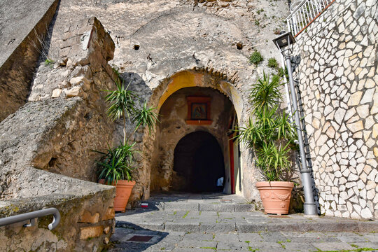 A narrow street among the old stone houses of Sarno, town in Naples province, Italy.
