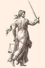 Themis is the goddess of justice with a sword and scales in her hands. Medieval engraving on a beige background.