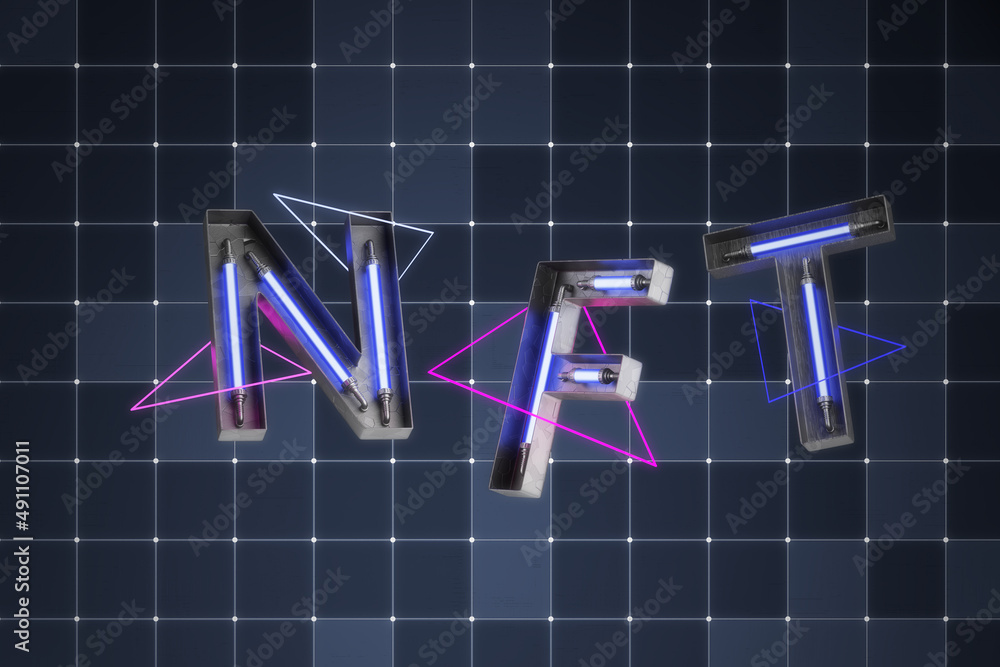 Poster nft text on a dark futuristic background. nft nonfungible tokens concept. 3d rendering