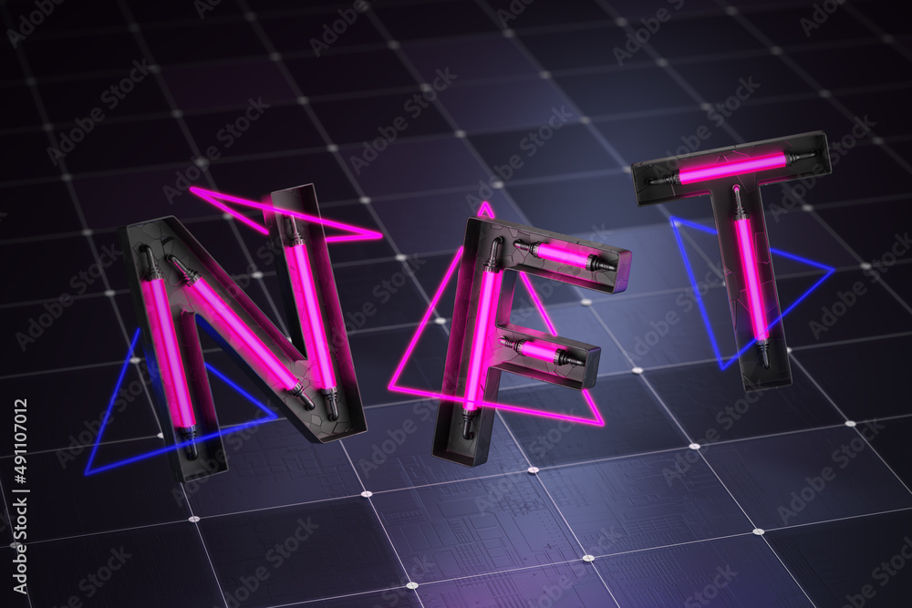 Poster nft token. nft text on a dark futuristic background. nft nonfungible tokens concept. 3d rendering
