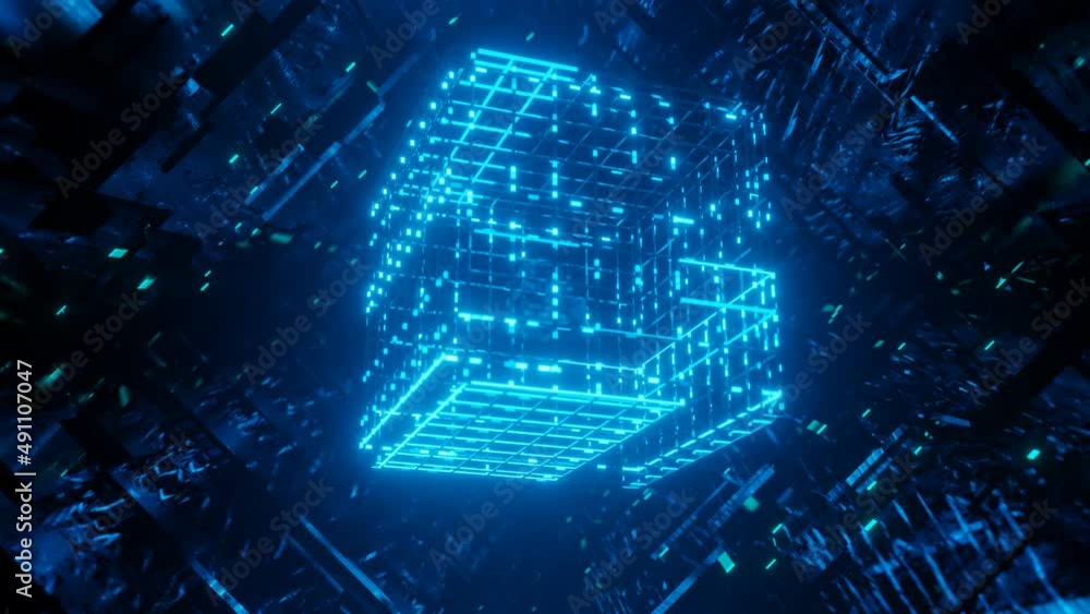 Poster 3d object or structure rotates and moves inside glass mirror tunnel with neon light, bright reflecti