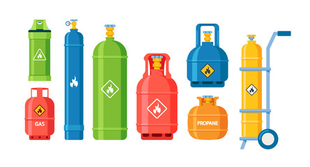 Gas and Fuel Storage Icons Collection. Canisters, Cylinders, Tanks and Balloons With Lpg and Oxygen. Petroleum Industry