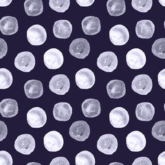 Seamless pattern black and white, gray, no color of circles, watercolor stains, soap bubbles on dark purple background.