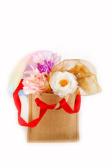 Fototapeta na wymiar close up of the gift bag hessian with flowers