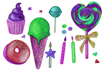 Clipart - lollipop ice cream cupcake candle star. Watercolor food illustration isolated on white. Design for greeting card, fabric, textile, wallpaper, menu, packaging, print, wrapping, baby room.