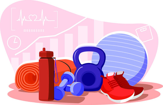 Equipment for sports training and fitness. Dumbbells, water bottle, kettlebell, sneakers and ball. Weight loss, cardio exercises, everything you need to exercise. Stock vector illustration.