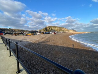 Hastings, East Sussex, UK - 06.03.2022; seaside beach area of Hastings old town,  fisherman boat...