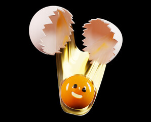 Broken egg and leaked yolk with a funny face, 3d rendering. 3d illustration isolated on a black background - obrazy, fototapety, plakaty
