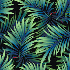 Palm. Seamless pattern with branches and leaves of tropical plants, trees. Vector image. 
