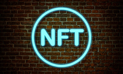 Obraz premium Neon blue NFT (non-fungible token) symbol, illuminated against a brick wall. Crypto market and blockchain concept. 3D illustration