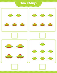 Counting game, how many Ufo. Educational children game, printable worksheet, vector illustration