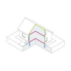 3D isometric house wireframe with  marked elements