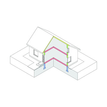 3D isometric house wireframe with  marked elements