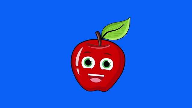 4K Animated Cute Apple With Eyes and smiling Mouth. Fruit Animation Design. Isolated Blue Chroma Key. Red Apple Funny Cartoon Character. Glad and Happy Character Happy Apple. Healthy Fruit Concept