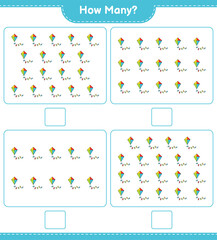 Counting game, how many Kite. Educational children game, printable worksheet, vector illustration