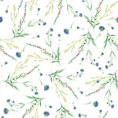 Blossom floral seamless pattern. Blooming botanical motifs scattered random. Trendy colorful vector texture. Fashion, ditsy print, fabric. Hand drawn different wild meadow flowers on white background