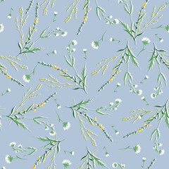 Blossom floral seamless pattern. Blooming botanical motifs scattered random. Trendy colorful vector texture. Fashion, ditsy print, fabric. Hand drawn different wild meadow flowers on blue background