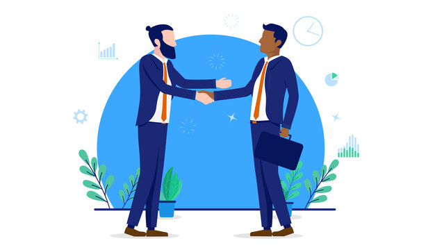 Businessmen handshake vector illustration - Two corporate men shaking hands, flat design and white background