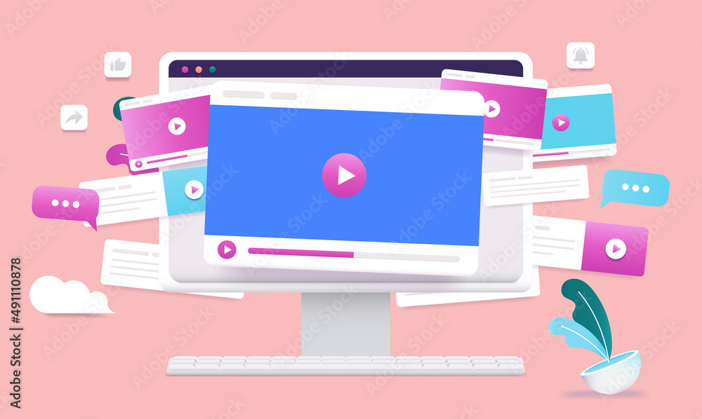 Poster Online video channel on computer screen - Viral videos concept on desktop pc with media player windows and design elements flying around. Vector illustration