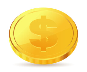Gold coin with dollar currency sign, symbol.