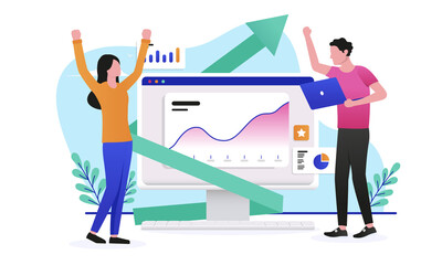 Online and digital growth - Man and woman entrepreneurs with rising graph and chart cheering and celebrating success. Flat design vector illustration with white background