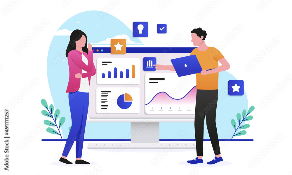 Poster dashboard data and people - man and woman working on computer with graphs and charts, analysing and 