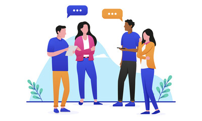 Team discussion - Group of casual people standing up having a meeting, talking and discussing business. Flat design vector illustration with white background