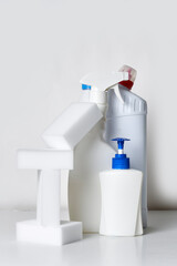 Fototapeta na wymiar Cleaning service concept. Cleaning chemical bottles. cleaning supplies. House cleaning concept
