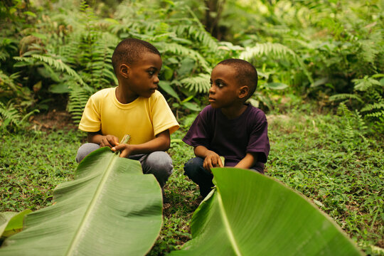 portrait of young african boys playing in nature 