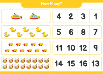 Counting game, how many Submarine, Rubber Duck, Lorry, and Drum. Educational children game, printable worksheet, vector illustration