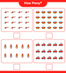 Counting game, how many Helicopter, Ufo, Robot, and Car. Educational children game, printable worksheet, vector illustration