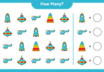 Obraz premium Counting game, how many Pyramid Toy, Whirligig Toy, Rocket, and Helicopter. Educational children game, printable worksheet, vector illustration