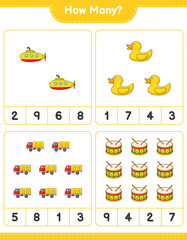 Counting game, how many Submarine, Rubber Duck, Lorry, and Drum. Educational children game, printable worksheet, vector illustration