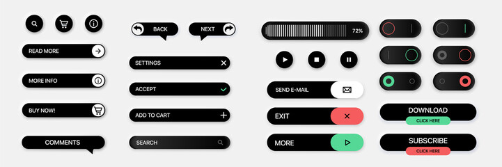 Set of vector buttons for websites, mobile applications. Neumorphism and toggles design. Light Web UI Elements and button for web and mobil app