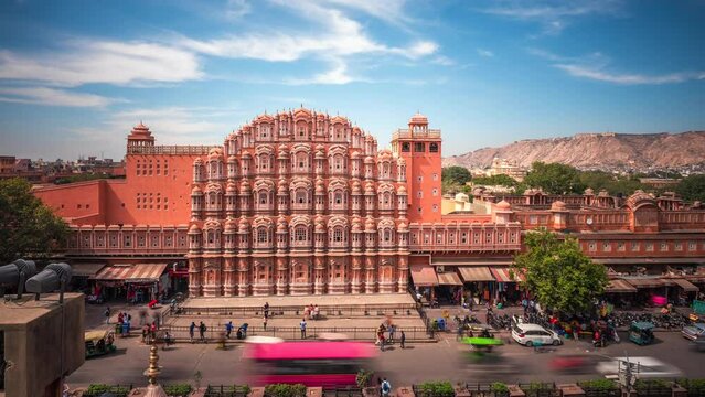 Time lapse view of historic landmark Hawa Mahal aka Palace of the Winds located in the Pink City of Jaipur in Rajasthan, India. 