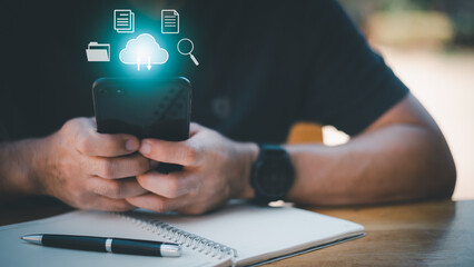 Communications business technology, search, storage with your phone. Person using smartphone with...