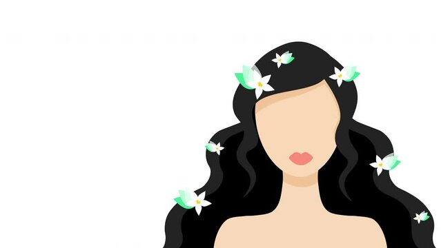 4K Animated Beautiful Woman with flowers on hair. Women's day animation concept template for multiple uses. A beautiful woman with black hair and flowers 8 March Happy international women's day card. 