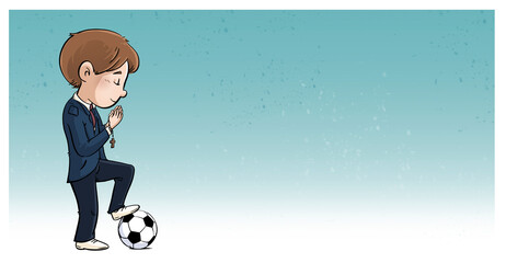 Invitation boy making communion praying with soccer ball