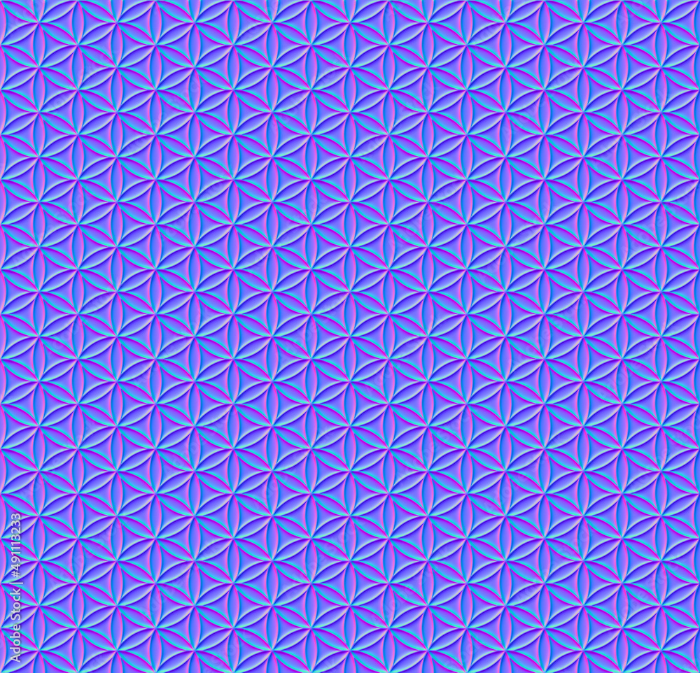 Poster cosmic colored flower of life pattern. 3d effect and textured background, created with normal mappin